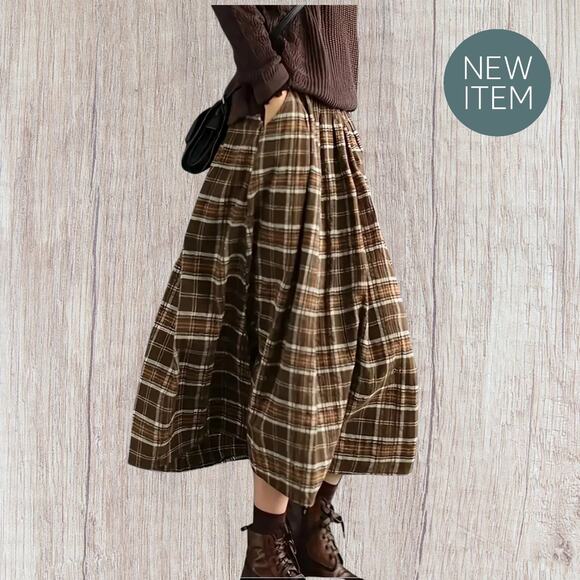 Brown Plaid A-Line Midi Skirt Pockets Lagenlook Oversize Gathered NEW Small - Picture 1 of 5